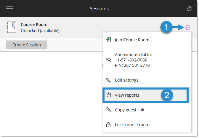 Course Room session settings menu