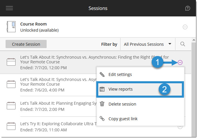Session settings menu