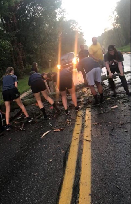 The ϲ women’s rugby team took matters into their own hands when they encountered a tree blocking the road on their way to a match. (Photo credit: Sydney Wait)