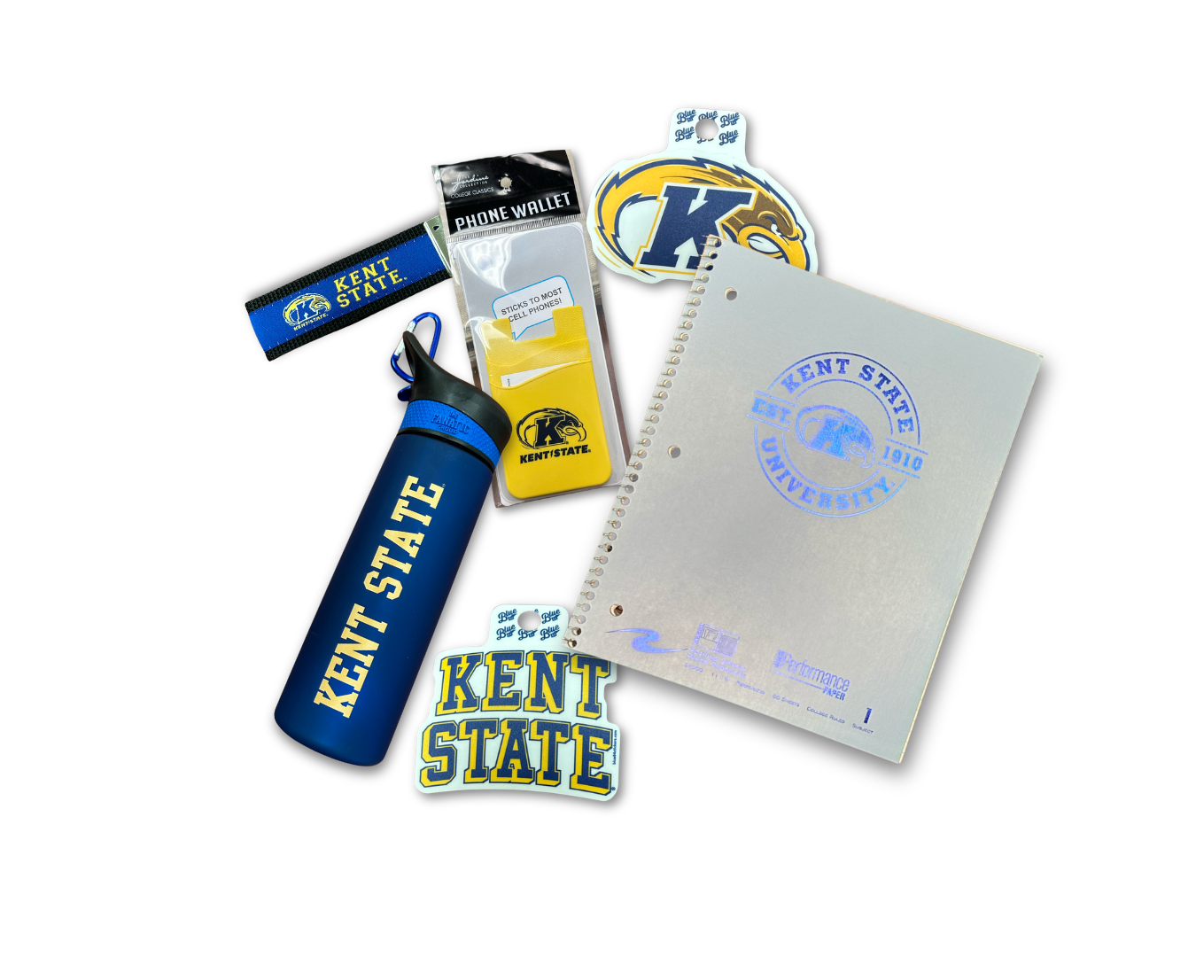 A selection of Kent State items. A water bottle, notebook, phone wallet, stickers and wrist keychain
