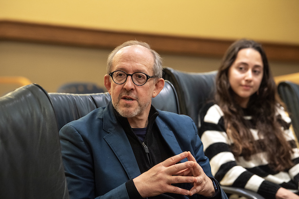 Dean Mark Mistur speaks at a reception for visiting students from Lebanese American University At right is student Andira Khanafer Dean Mark Mistur speaks at a reception for visiting students from Lebanese American University