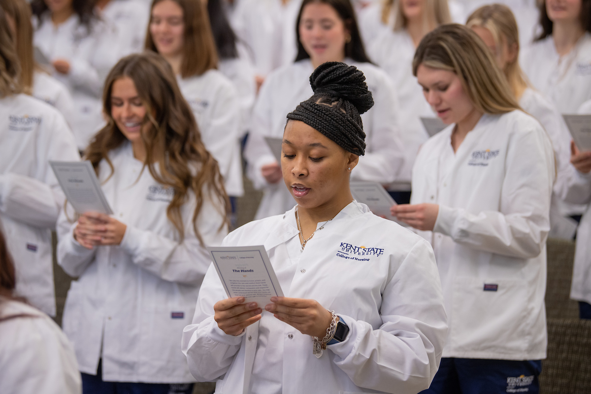 Kent State nursing students read an oath at the university's first White Coat Ceremonies. Kent State nursing students read an oath at the university's first White Coat Ceremonies.