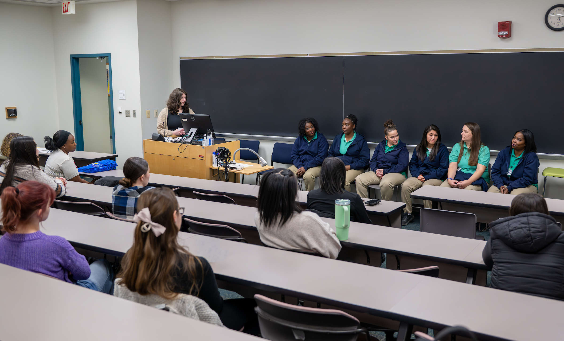 Incarcerated women from the Northeast Reintegration Center (NERC) speak to the Women in Crime & Justice class led by Susan Kunkle, Ph.D. in Merrill Hall in November 2025