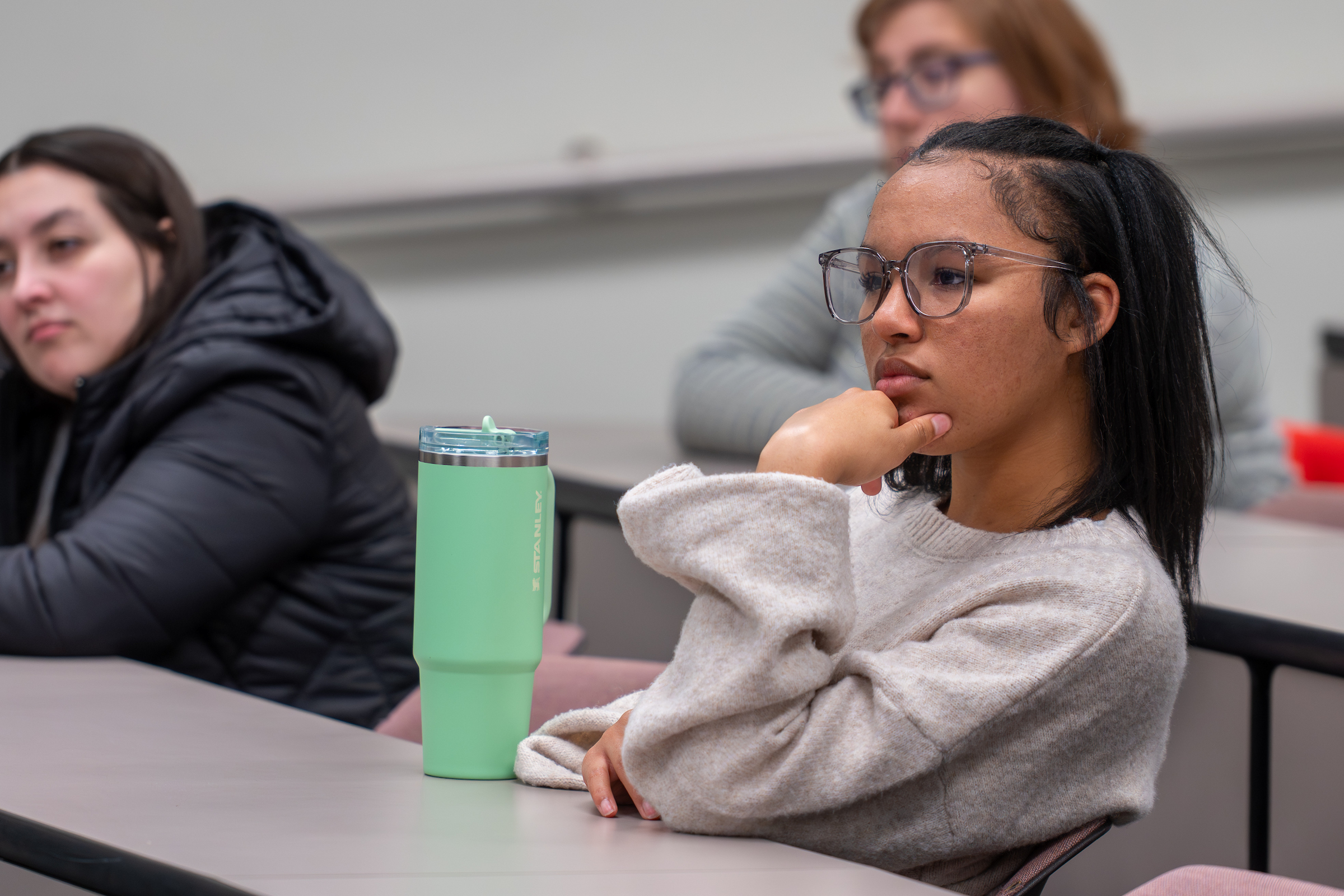 Students listening to incarcerated women from the Northeast Reintegration Center (NERC) speak to the Women in Crime & Justice class led by Susan Kunkle, Ph.D. in Merrill Hall in November 2025