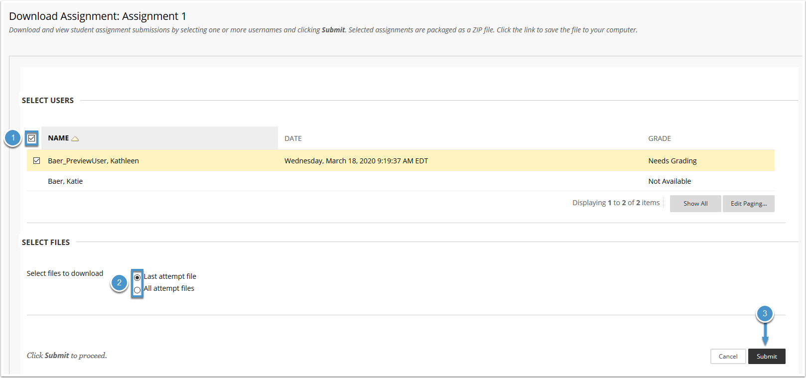 Select users' submissions