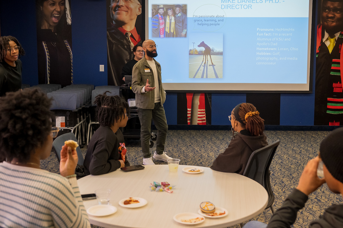 Director Michael Daniels speaking at the Welcome Back Mixer at the SMC.