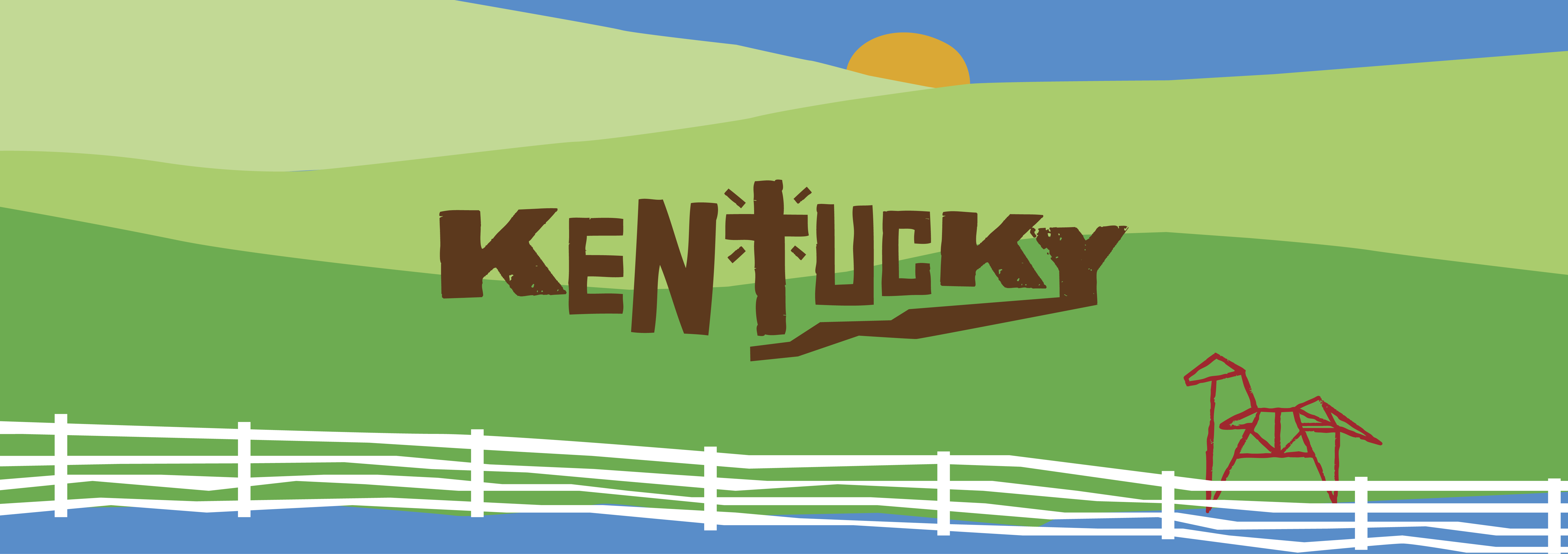 "Kentucky" written across green hills and a white picket fence.