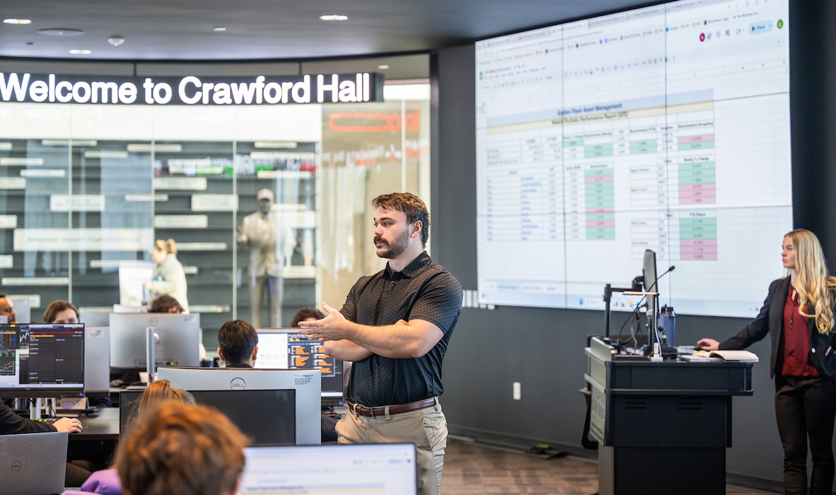 Financial class in Archer Trading Lab inside Crawford Hall.