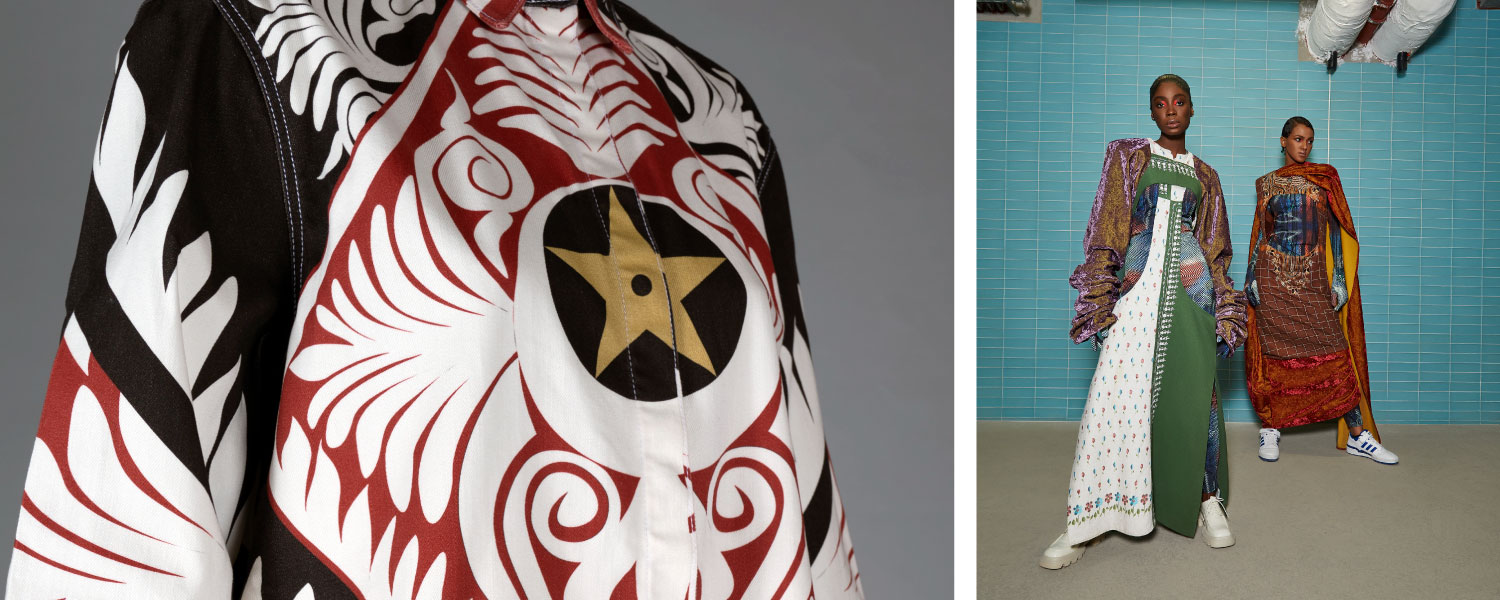 Left: Close-up of red, black and white garment. Right: Two models wearing garments