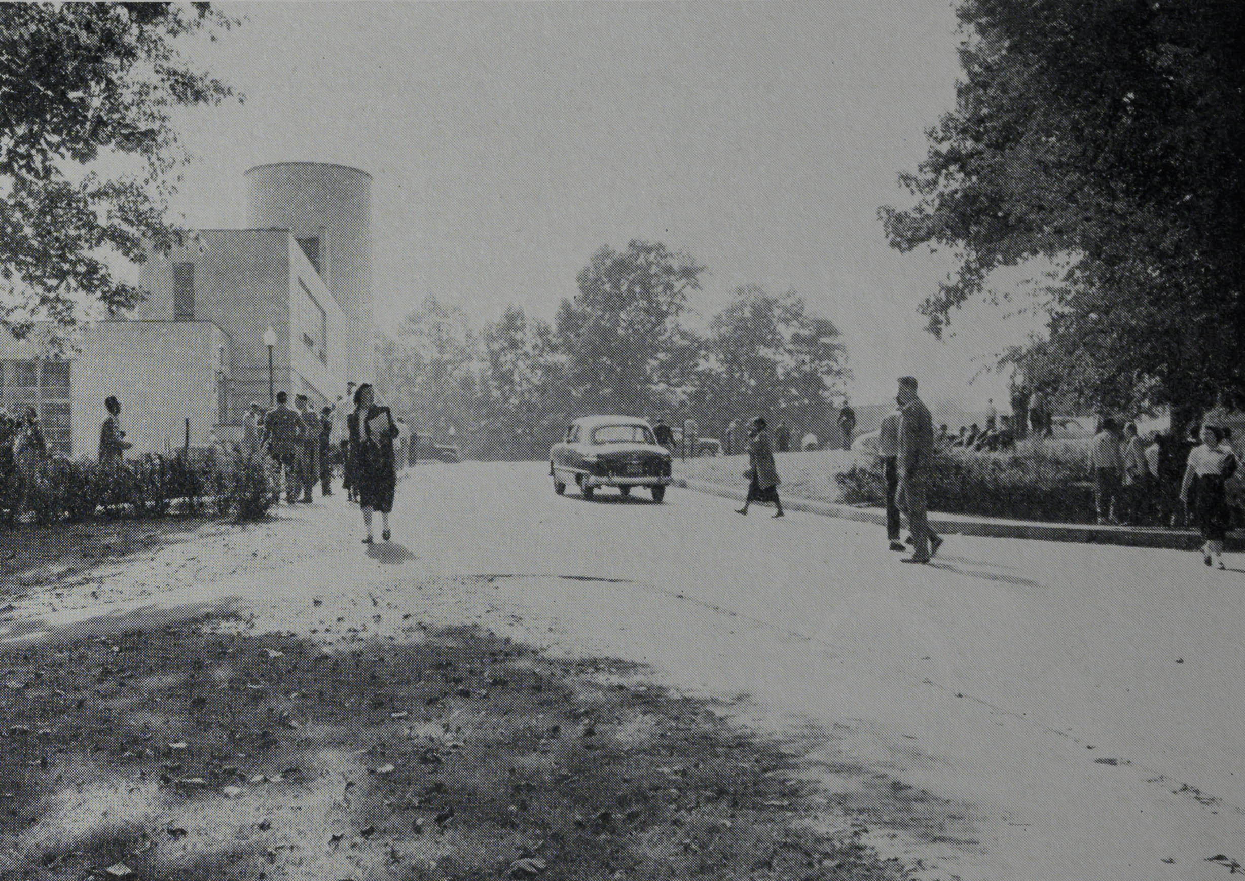 Students walking on campus in 1951