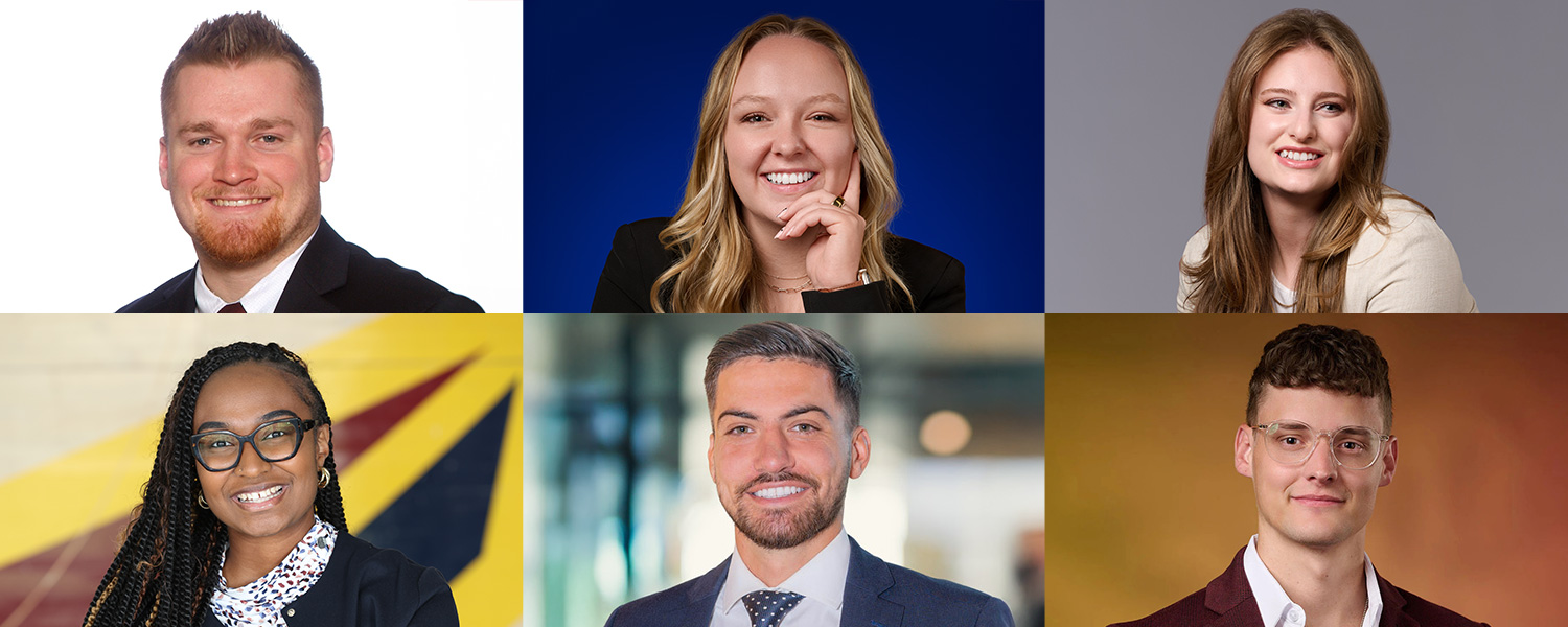 A collage of photos of Aysia Kemp, ’20, Olivia Morrison, ’20, Jake Myers, ’19, Brad Rinella, ’18, Allison Sayre, ’21 and Kiernan Weese, ’19, MBA ’21.