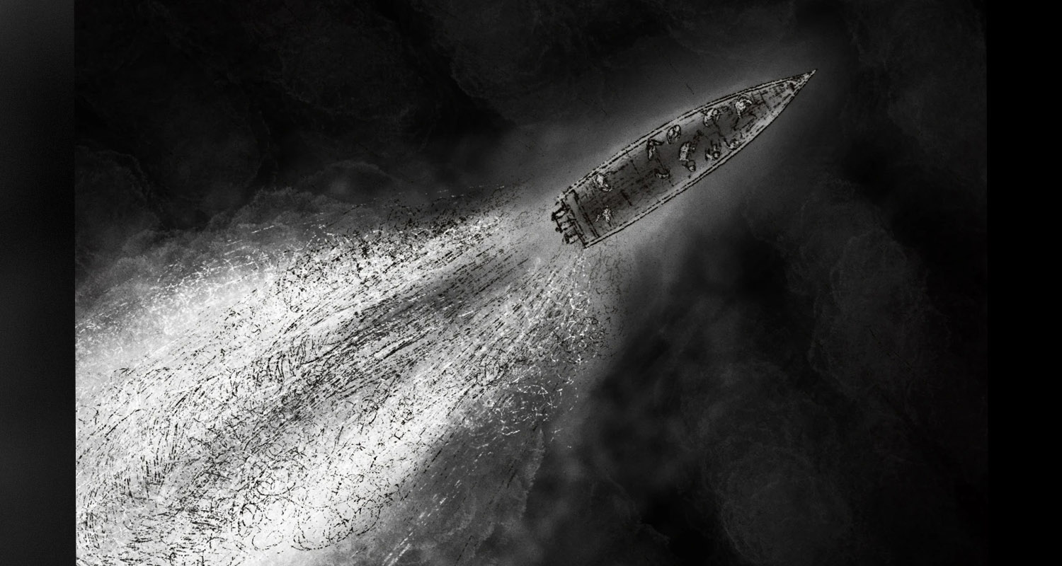 Black and white illustration of a fishing boat