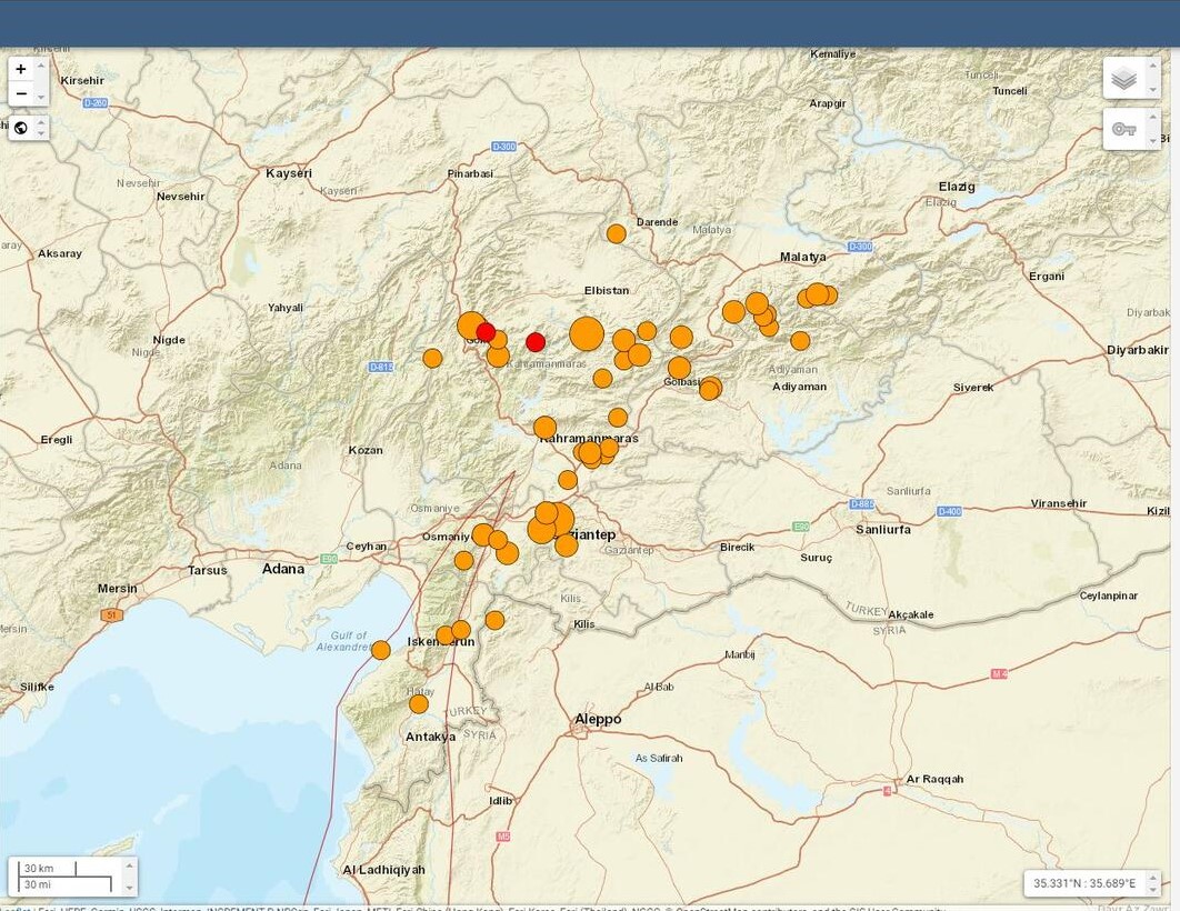 This map from the U.S. Geological Survey shows the earthquake and aftershocks that have hit Turkey and Syria.