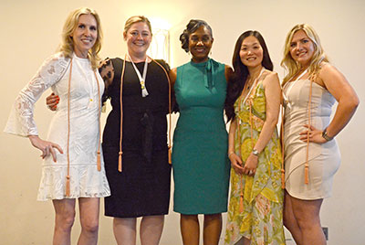 Inducted into the Alpha Delta Nu Nursing Honor Society were (from left) Stacey Lindsey; Erika Smith; Marvine` Brown, faculty advisor; Hoi Ming Winski; and Lindsey Loboy.