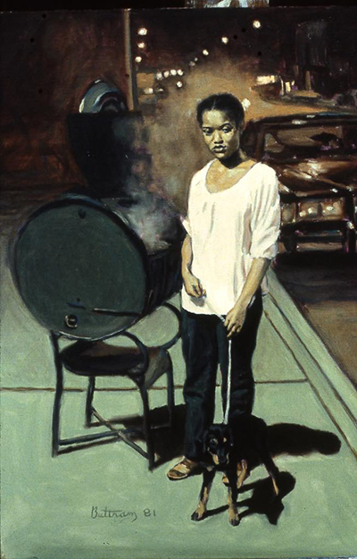 Painting by David Buttram - a woman standing in front of a barbeque grill with a dog on a leash.
