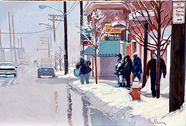 Painting of a snowy street with people waiting at a bus stop by David Buttram.