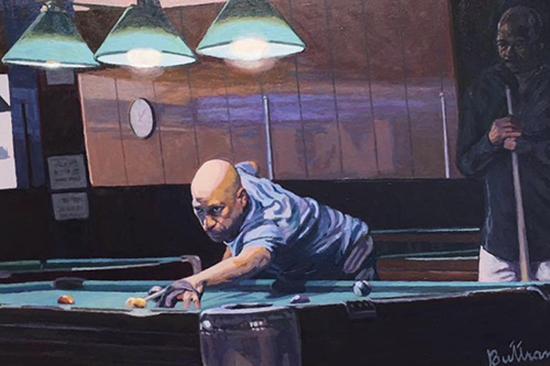 Painting of a man shooting pool in a pool hall by David Buttram.