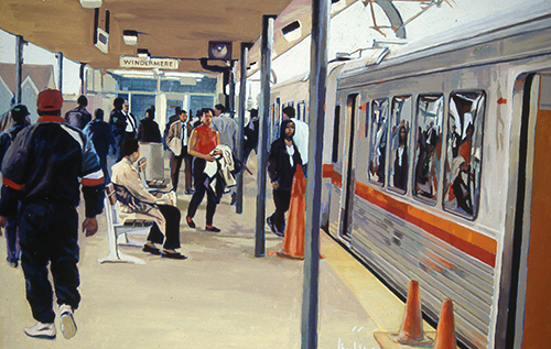 Painting of a train stop with people waiting by David Buttram