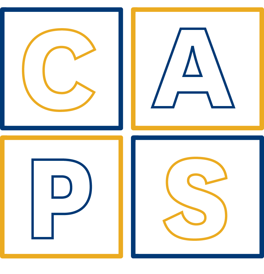 Letters CAPS in blue and gold blocks