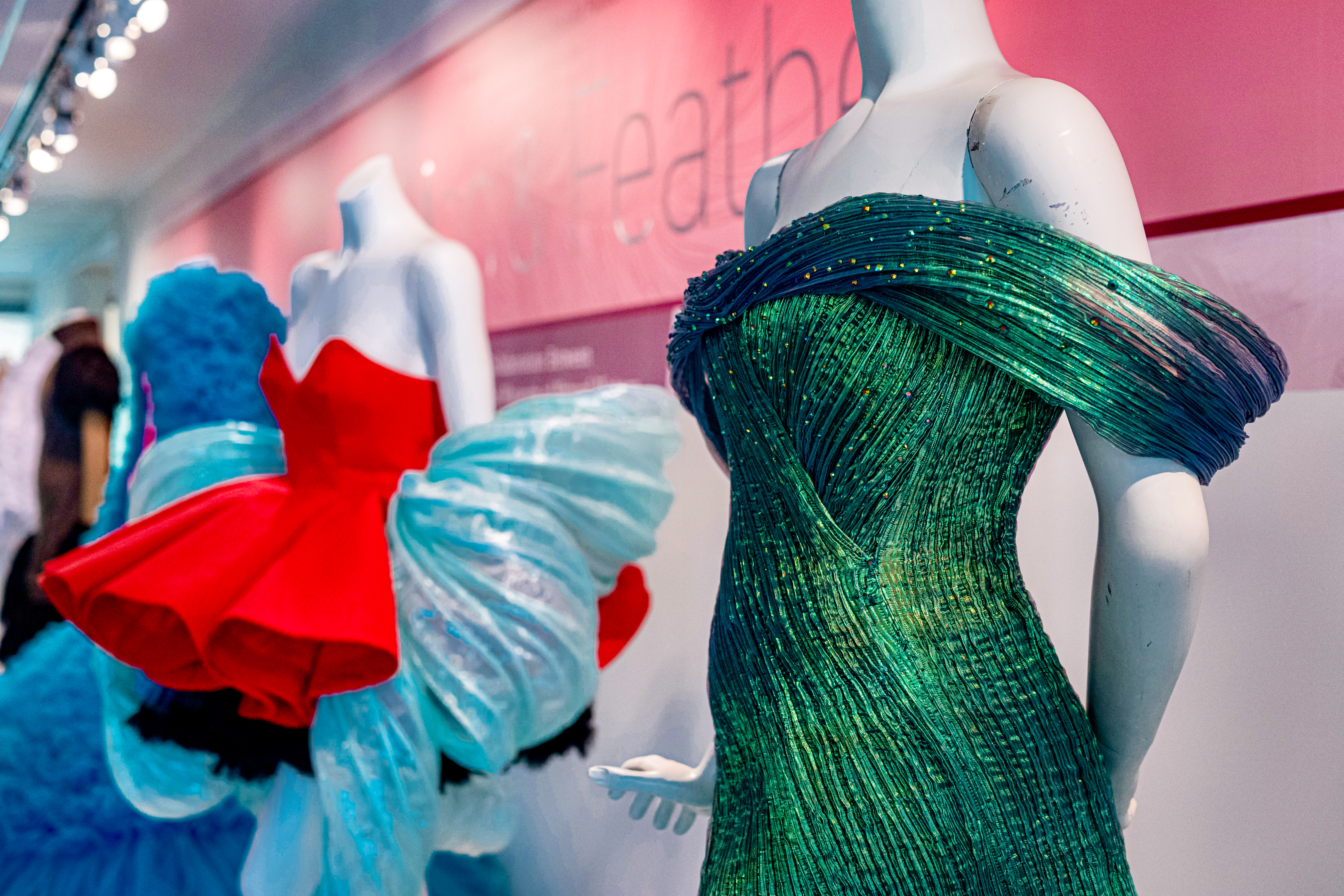 Dresses at the Fashion and Feathers exhibit