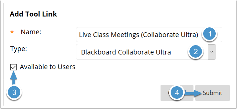 Collaborate Ultra course menu link options