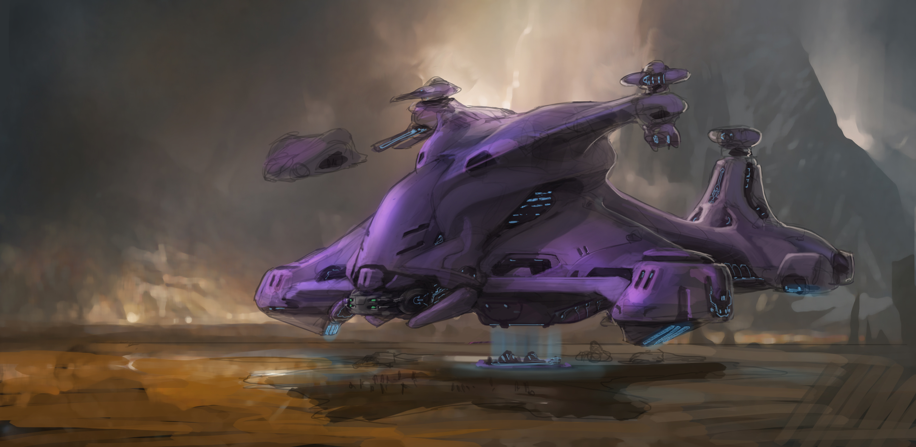 Concept art of a large purple Covenant dropship hovering above the ground with smaller escort craft nearby, rendered in a painterly sci-fi style.