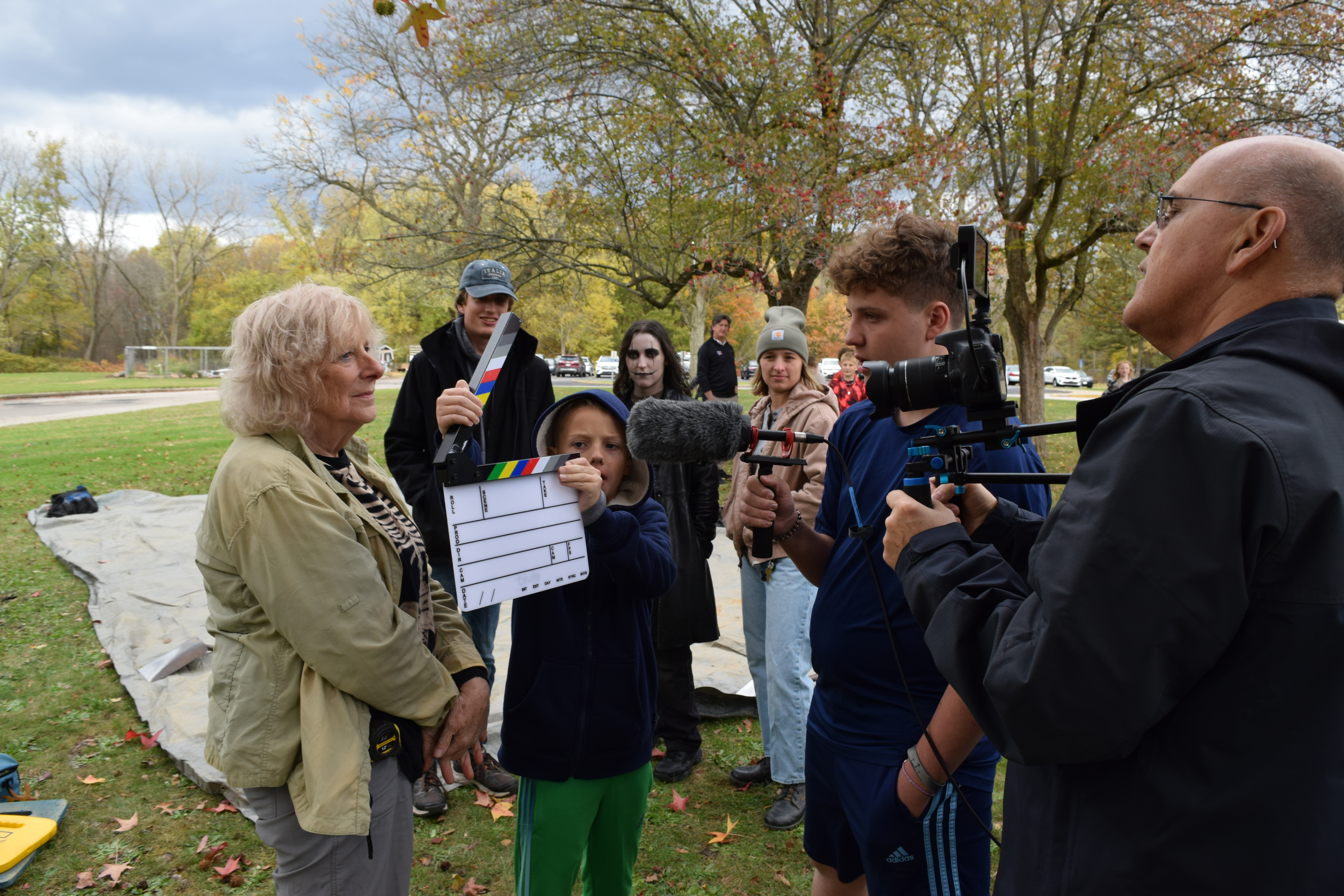 Linda Spurlock (left) is interviewed by the student film crew and Chip Hawks (right)