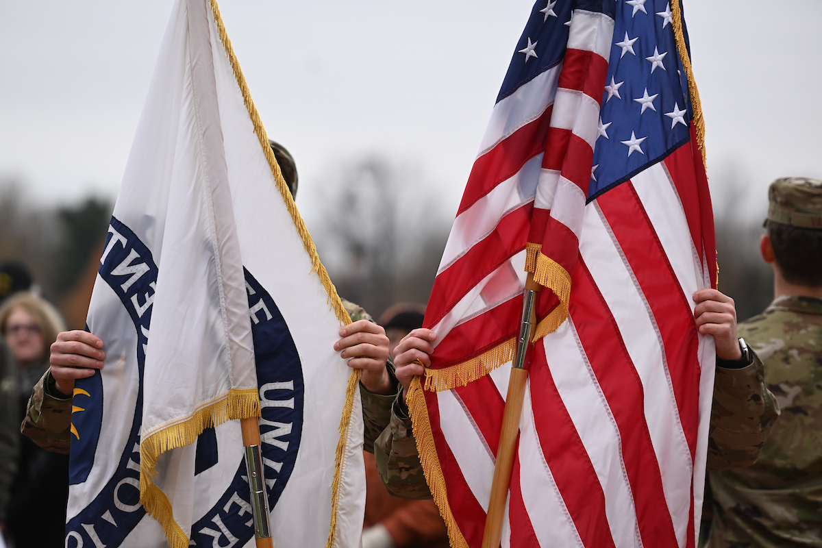 Flags are presented at Kent State's Veterans Day Commemoration.