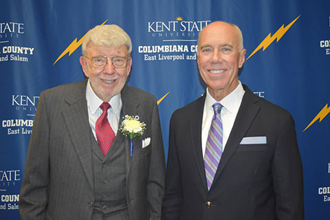 Dr. Charles Leedy with Ohio Rep. Tim Ginter who introduced him and presented him with the Friend of the Campus Award. Dr. Charles Leedy with Ohio Rep. Tim Ginter who introduced him and presented him with the Friend of the Campus Award.