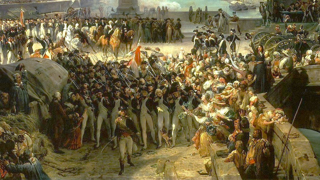 painting of the French Revolution era. Masses of soldiers are in the center, and other citizens are depicted on the edges of the painting. Women are shown handing the soldiers different branches, possibly depicting olive branches, to show that is a scene of peace after wartime or conflict.