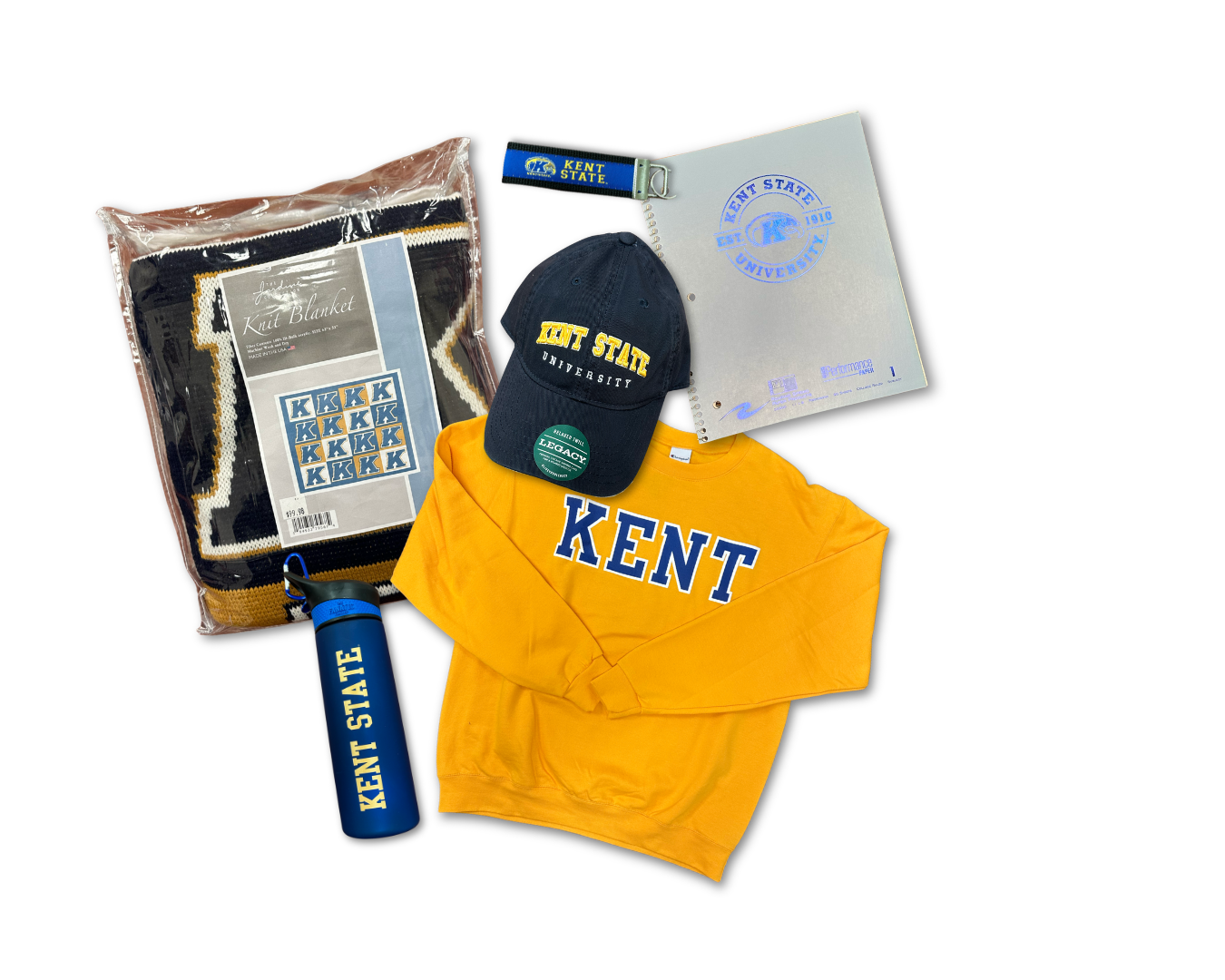 a selection of prizes, including a sweatshirt, baseball hat, notebook, water bottle, wrist keychain and knit blanket, all branded with Kent State