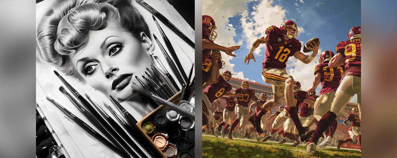 Two generative AI Images, on the left is a headshot of Lucille Ball with a paint set, and on the right is a football team in res and gold uniforms.