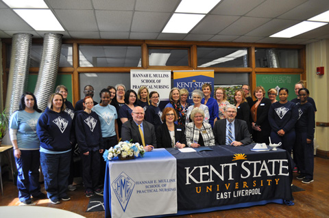 Hannah Mullin students and staff gathered with Kent State representatives for the ceremonial signing forming a partnership between the two nursing programs. Hannah Mullin students and staff gathered with Kent State representatives for the ceremonial signing forming a partnership between the two nursing programs.