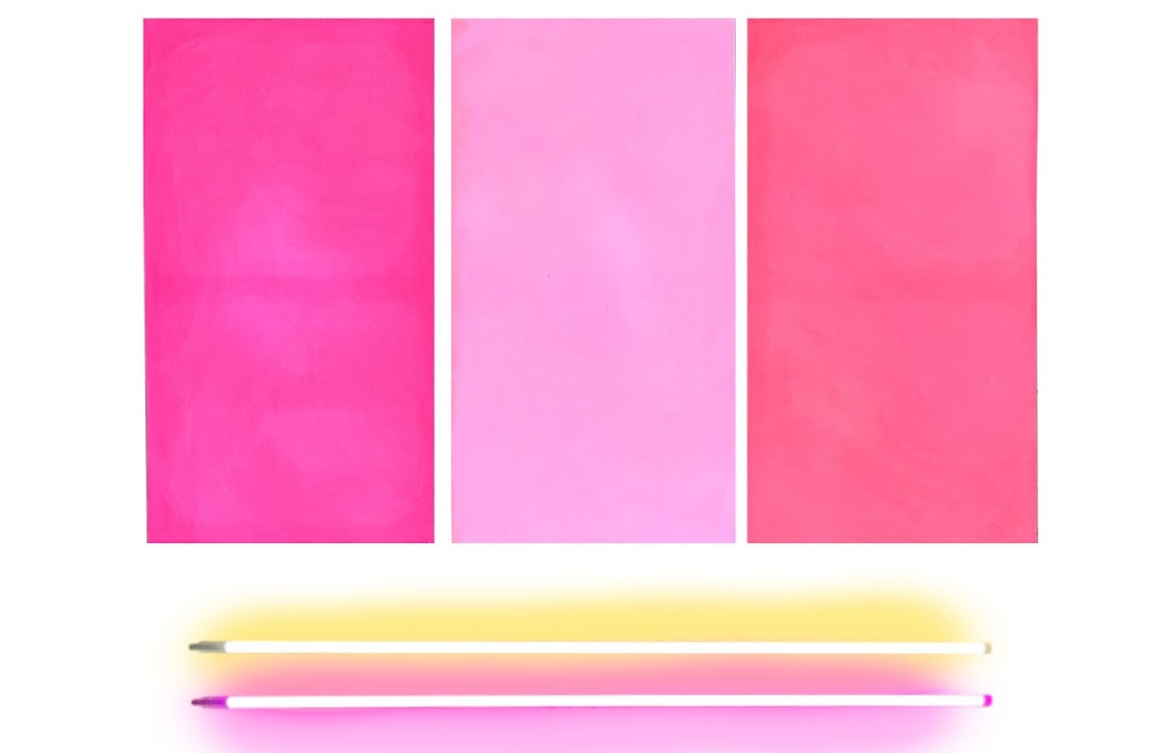 A vibrant painting with textured pink rectangles and two bars of neon lights set below it.