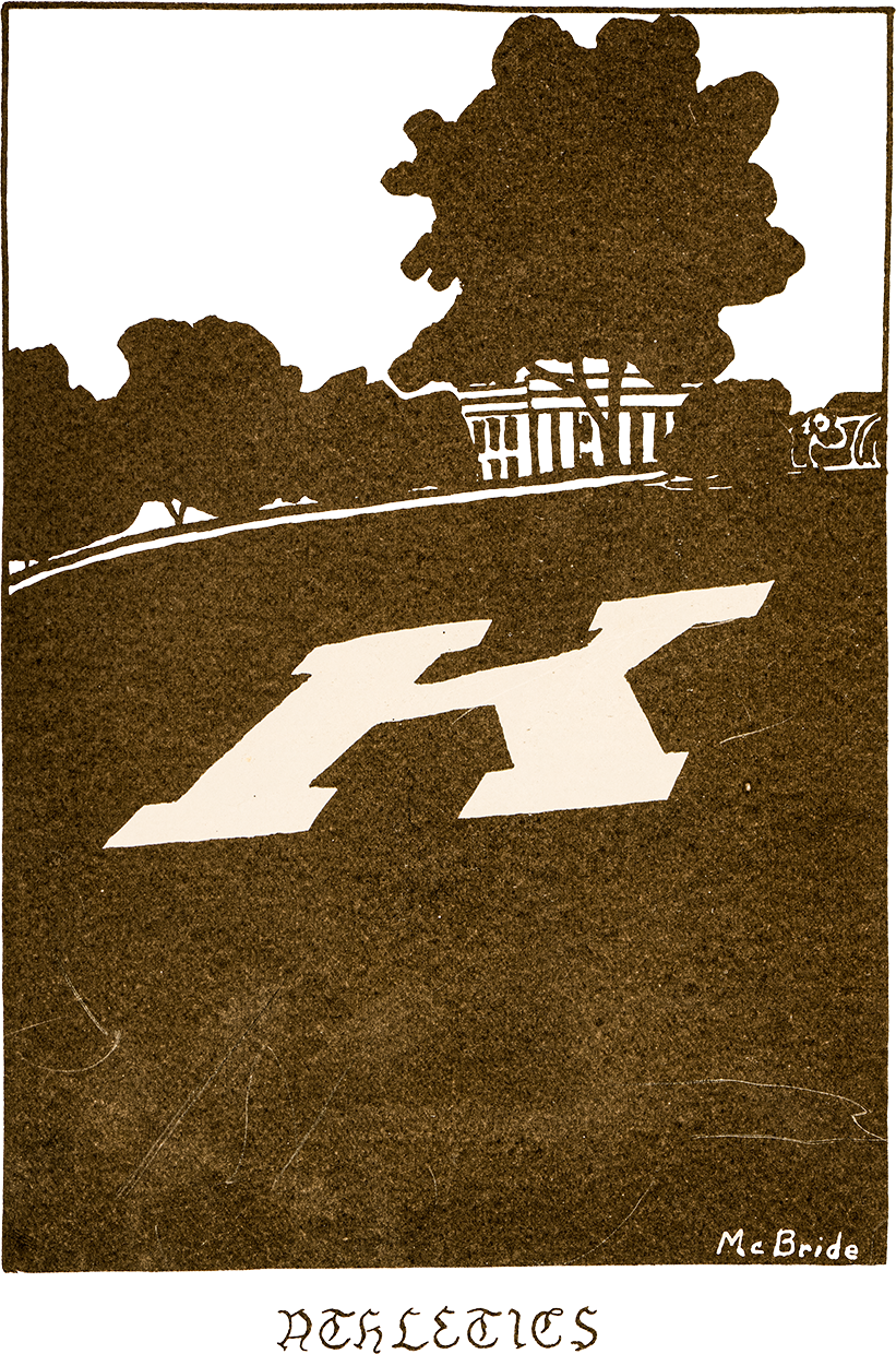 Stylized silhouette of an athletic figure in motion on a running track or field. Modernist design emphasizing speed and athletic movement labeled "ATHLETICS".