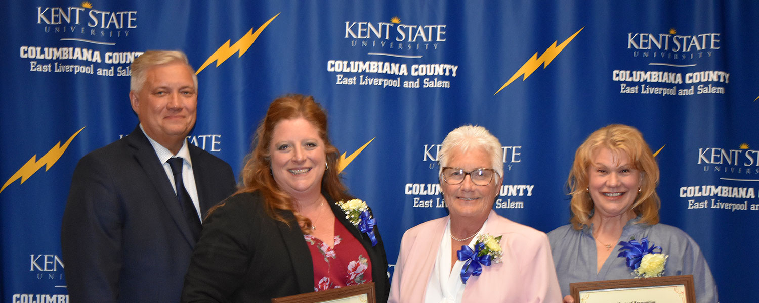 Faculty and staff awards were presented by (from left) С��Ƭ��Ƶ East Liverpool Dean Brad Bielski, Ph.D., to Mary Palen, Beth Allison-Christy and Angela Douglass.