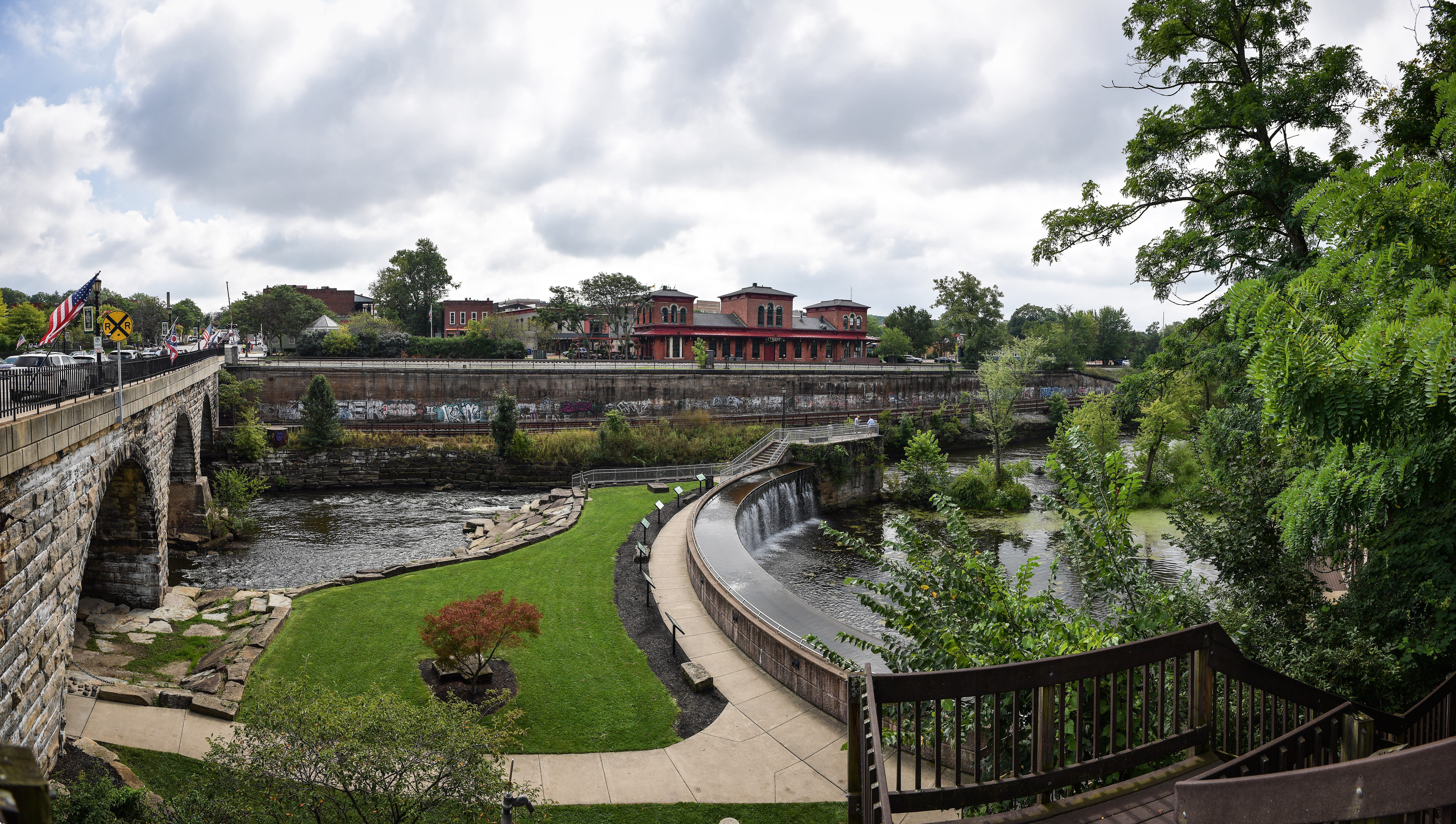 Panoramic view of Kent's old train station, river, and river walk. 