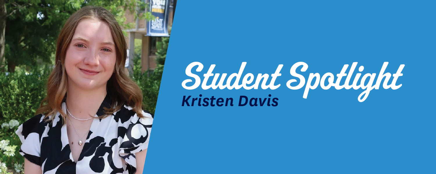 Woman with blonde straight hair in blouse pictured next to "student spotlight" logo