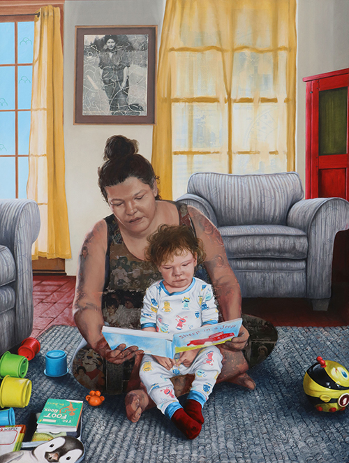 Painting by Luanne Redeye of a mother reading to her child.
