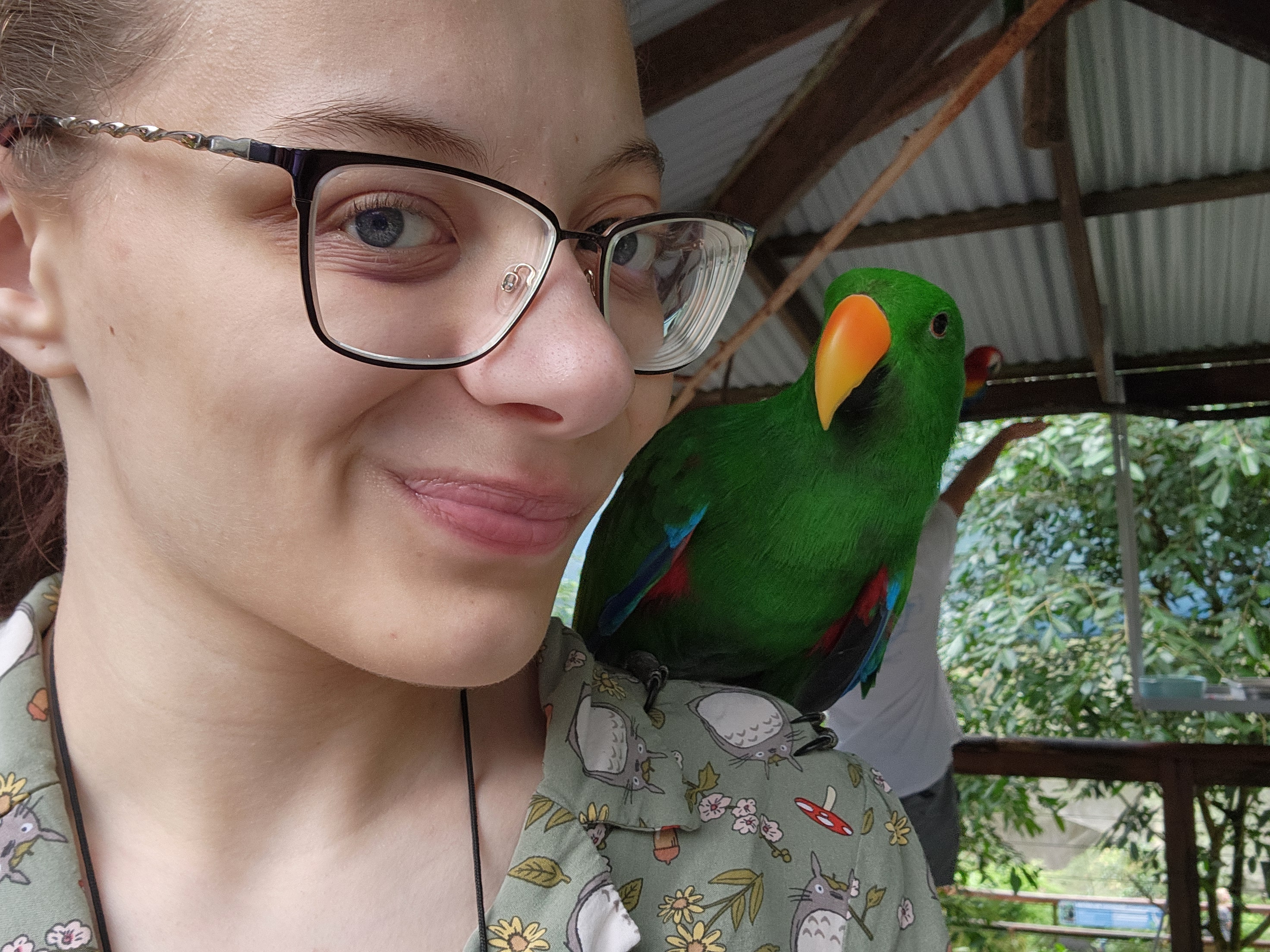 Honors student Maddison Evans poses with a bird during study abroad trip.