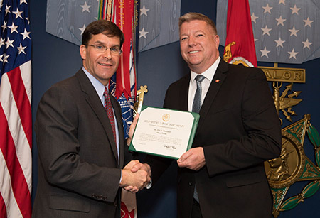 The Honorable (Dr.) Mark T. Esper, left, Secretary of the Army, congratulates Eric S. Mansfield on appointment as a Civilian Aide to the Secretary of the Army at the Pentagon, Washington, D.C. (Photo by Staff Sgt. Brandy N. Mejia) The Honorable (Dr.) Mark T. Esper, left, Secretary of the Army, congratulates Eric S. Mansfield on appointment as a Civilian Aide to the Secretary of the Army at the Pentagon, Washington, D.C. (Photo by Staff Sgt. Brandy N. Mejia)