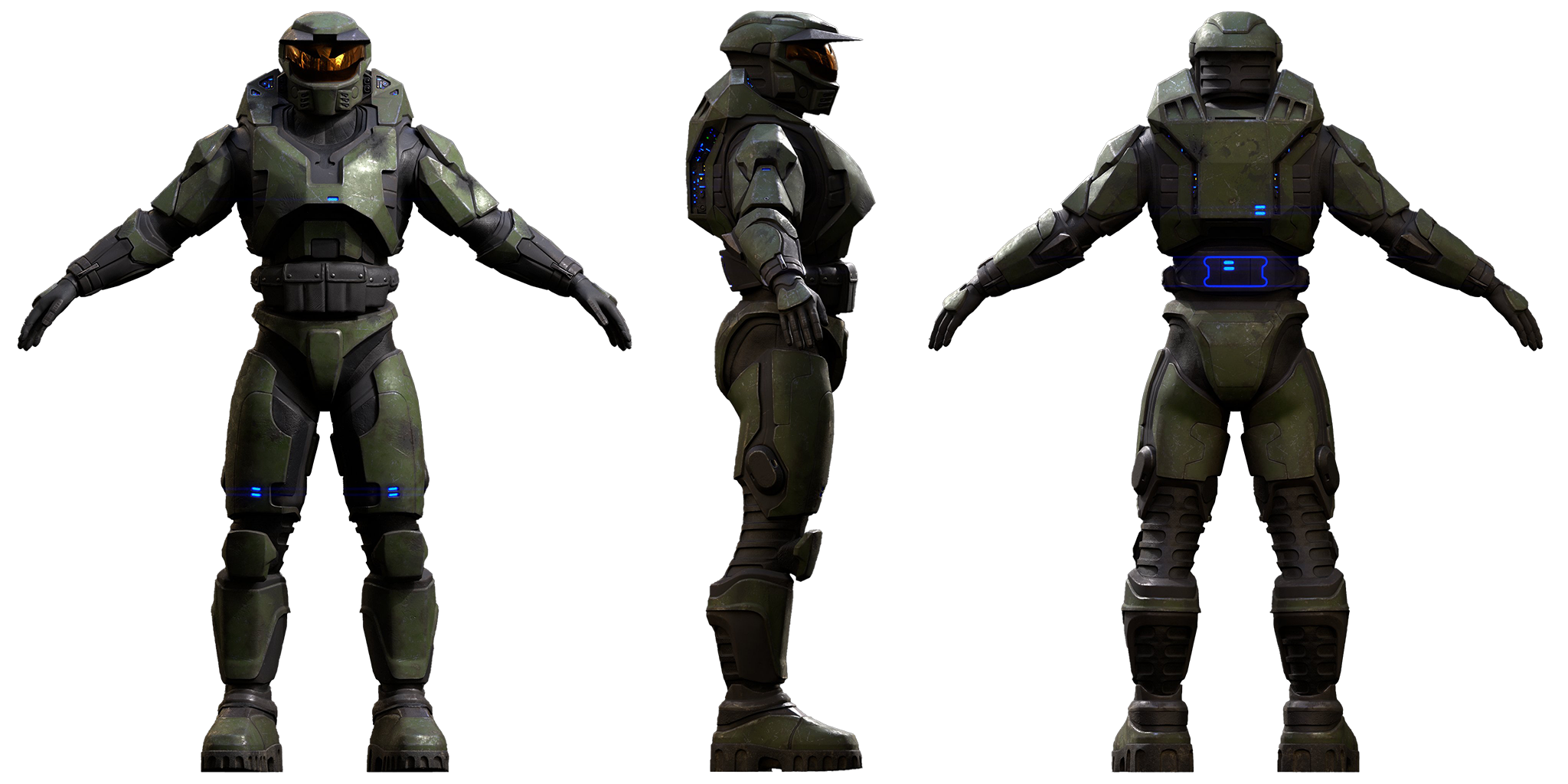 Full-body turnaround render of Master Chief’s armor in front, side and back views, showing the character’s green Mjolnir suit with gold visor and blue illuminated details.