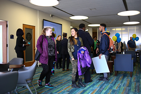 Kent State University students and staff mingle during the grand opening of the new Leadership Center. Kent State University students and staff mingle during the grand opening of the new Leadership Center.