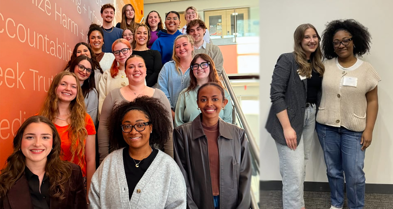 PRSSA Kent standing on the steps in Franklin Hall plus two members in separate photo side by side.