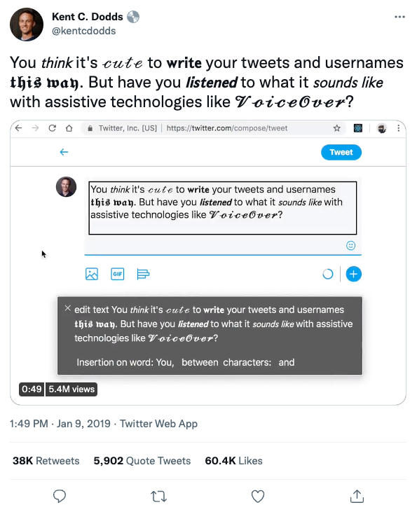 Tweet by Kent Dodds illustrating the inaccessibility of stylized fonts