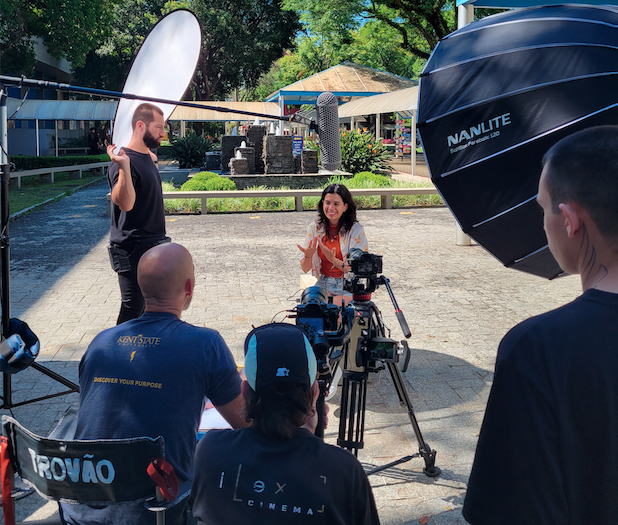 Video team interviewing a student in Brazil.