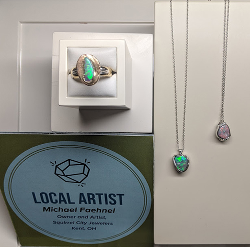 Opal ring and two necklaces made by Michael Faehnel, owner of Squirrel City Jewelwers.