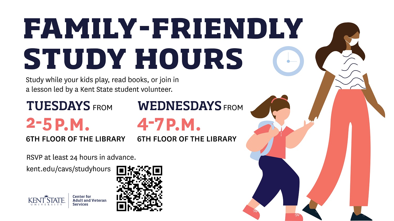 Family-friendly study hours location in the library with activity tables, toys and books.