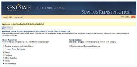 Kent State University has a redistribution website as a means to transfer unwanted or surplus office furniture and equipment to other departments. Kent State University has a redistribution website as a means to transfer unwanted or surplus office furniture and equipment to other departments.