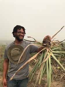 Christopher Thompson holding a pineapple plant during his internship in Ghana Christopher Thompson holding a pineapple plant during his internship in Ghana